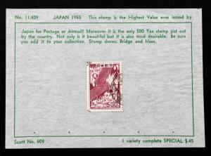 Japan #609 Used Original Rice Paper Approval Sales Sheet 1955