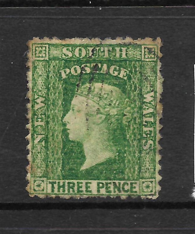 NEW SOUTH WALES 1856-60    3d  BLUE GREEN  QV    FU  P12  SG 140