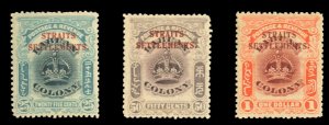 Straits Settlements #142-144 Cat$110, 1907 25c, 50c and $1, unused with dried...