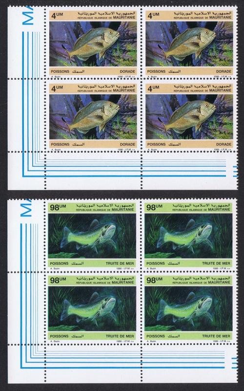 Mauritania Fish 2v issue 1986 Bottom Left Corner Blocks of 4 SG#874+877