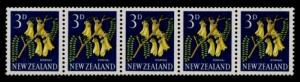 New Zealand 337e Coil Strip of 5 MNH Flowers, Kowhai