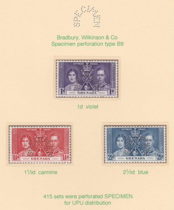 GRENADA  1937 CORONATION  SPECIMEN   set of 3