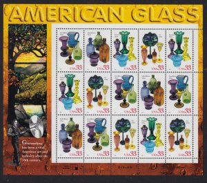 1999 33¢ American Glass Sheet of 15 Sc 3325-3328 3328a MNH 4 designs