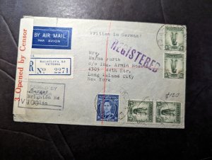 1941 Censored Registered Australia Airmail Cover Balaclava Vic to LI NY USA