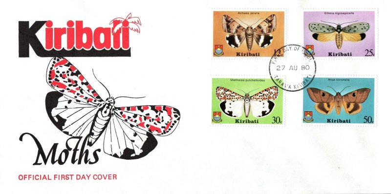 MOTHS AND BUTTERFLIES SET OF (4) ON CACHET KIRIBATI FIRST DAY COVER 1980