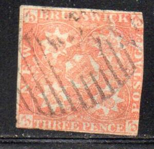 New Brunswick Sc 1 1851 3d red Crown & Heraldic Flowers stamp used