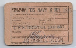 1955 USS Bristol DD-857 Ship's Liberty Pass (N8017)