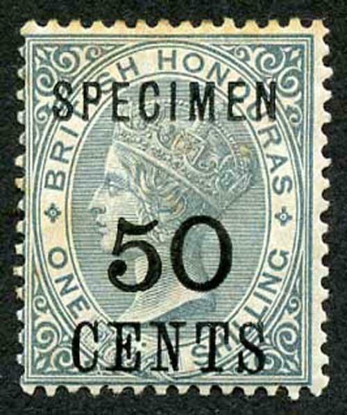 British Honduras SG42s 50c on 1/- Grey Opt SPECIMEN M/M (tone patches)