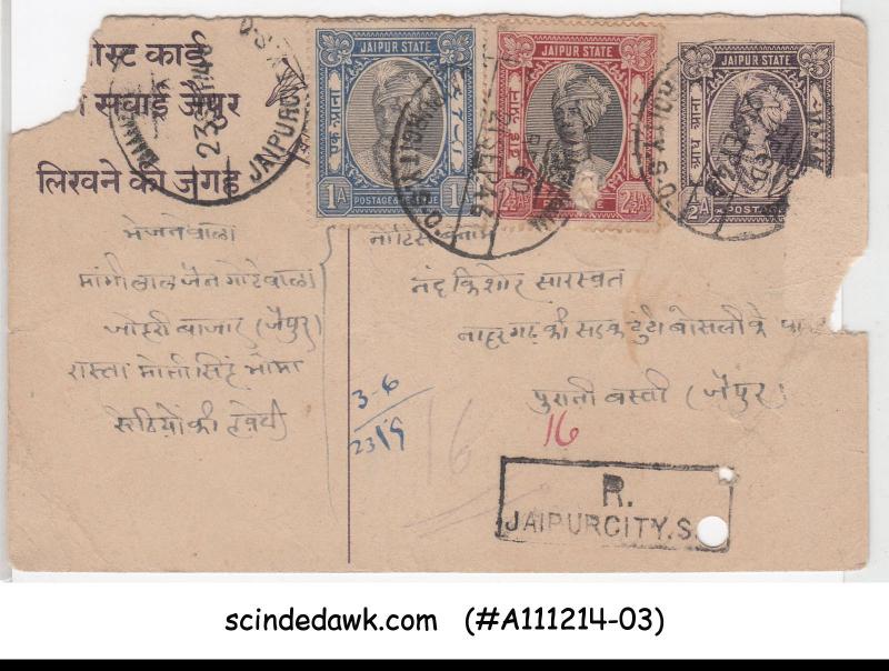 JAIPUR STATE - 1946 REGISTERED  POSTCARD UPRATED WITH STAMPS - USED