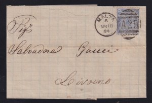 Great Britain Used in Malta 1884 21-2d Victoria Plate 23 A25  Folded Cover