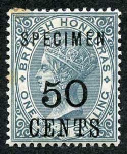 British Honduras SG42s 50c on 1/- Grey Opt SPECIMEN M/M (tone patches)