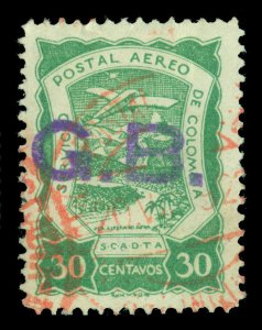 COLOMBIA 1921 AIRMAIL - SCADTA - GREAT BRITAIN G.B. handstamp 30c Sc# CLGB5 u