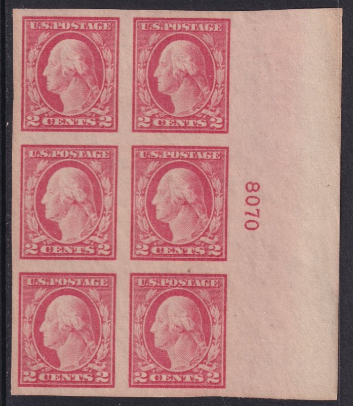 U.S  Sc# 482 1916 2¢ Washington 8070 imperf plate block of six MLH CV$30. Stk #2
