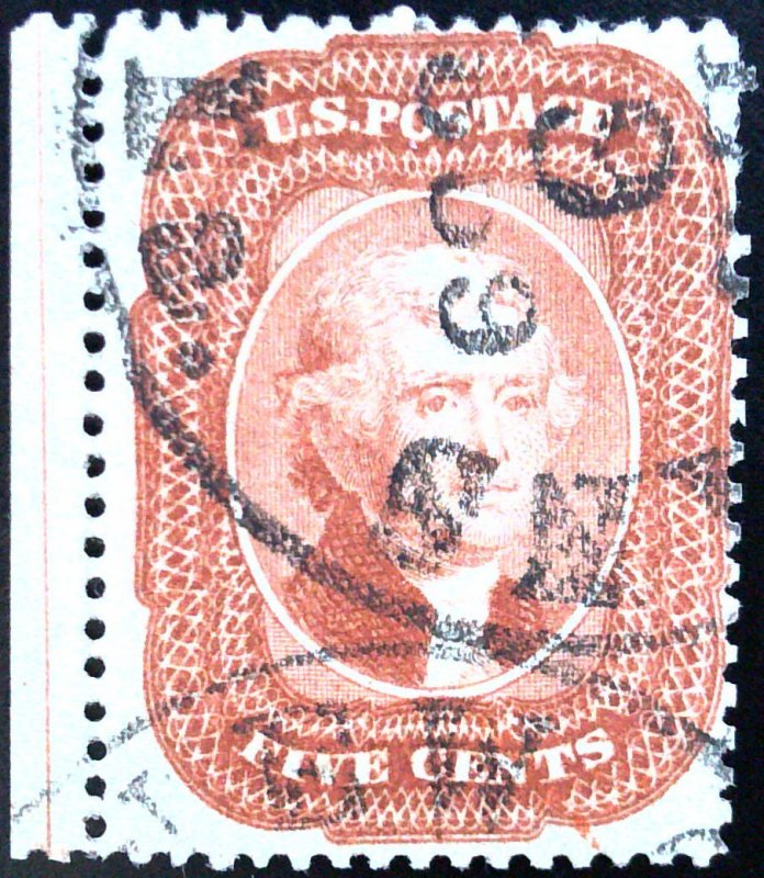 US Scott #27 - 5c Jefferson - Brick Red - Used Black New Orleans Cancel - 1858