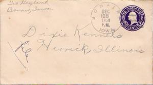 United States Iowa Bonair	 1938 4c-bar  1877-1939  Postal Stationery Envelope.