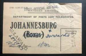 1930s Bulawayo Rhodesia First Flight Sheet Cover To Johannesburg South Africa