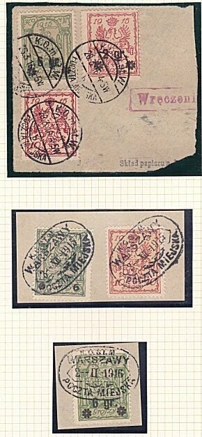 POLAND 1915-16 3 pieces with Warsaw Local Post stamps.......................A571