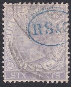 MALAYA STRAITS SETTLEMENTS 1867-72 6c  SG13 used + security chop...........a4523