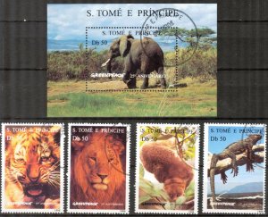 Sao Tome and Principe 1996 Animals Lions Elephants .. set of 4 + S/S Used / CTO