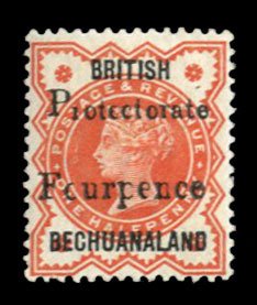 Bechuanaland Protectorate #68 Cat$52.50, 1883 4p on 1/2p vermilion, hinged