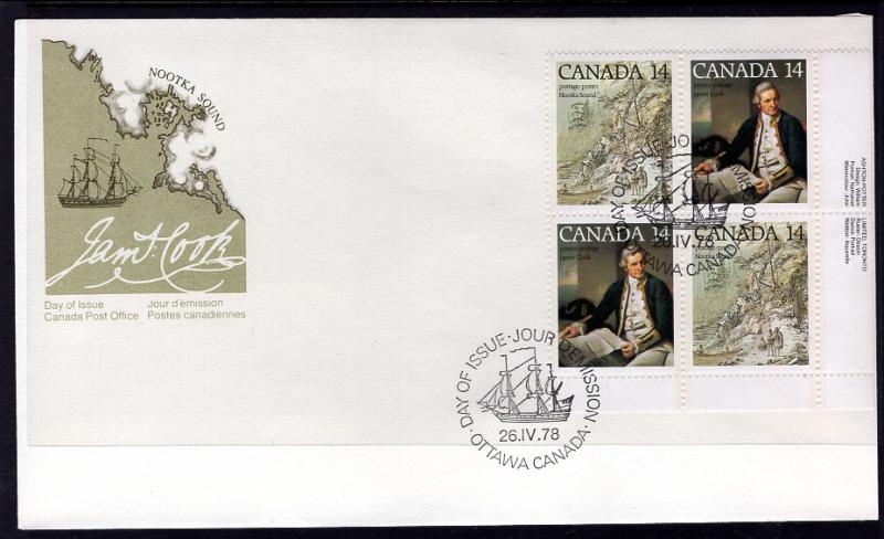 Canada 764a Captain Cook Plate Block Canada Post U/A FDC