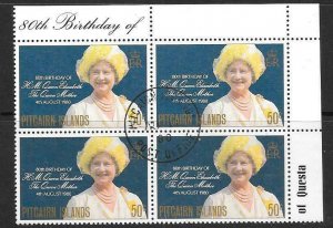 PITCAIRN ISLANDS SG206 1980 QUEEN MOTHER BLOCK OF 4  FINE USED