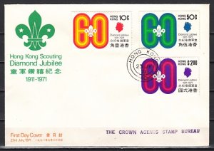 Hong Kong, Scott cat. 262-264. Scouting Jubilee issue. First day cover. ^