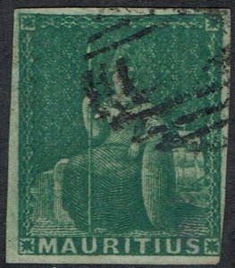 MAURITIUS 1858 BRITANNIA GREEN IMPERF USED 