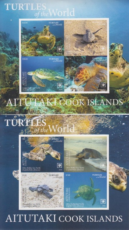 Aitutaki MNH Sc 708-09a S/S  IMPERF Mi Bk 120-21B Value 200 Euro Turtles