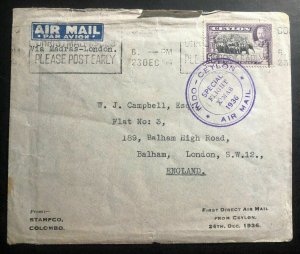 1936 Colombo Ceylon Special Christmas Flight Cover To London England Via India