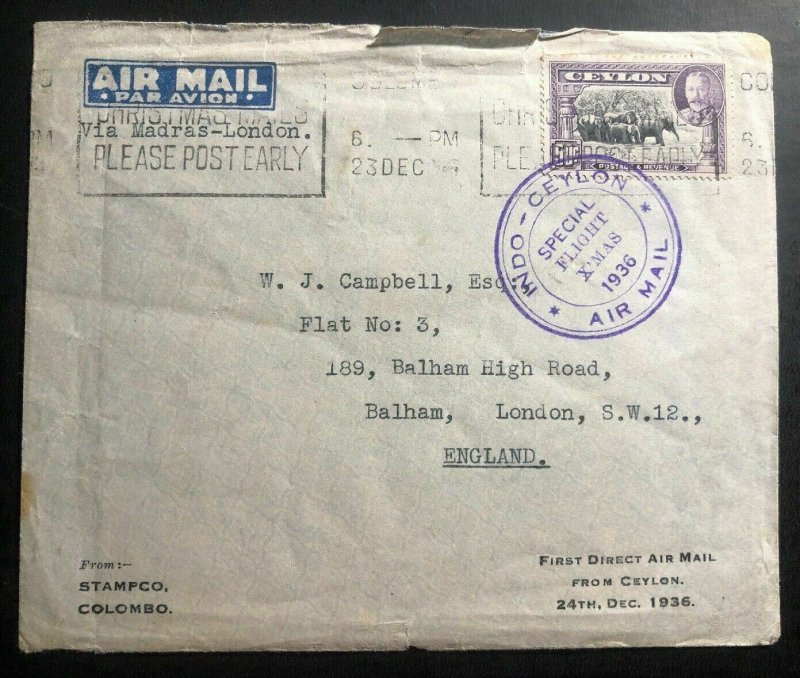 1936 Colombo Ceylon Special Christmas Flight Cover To London England Via India