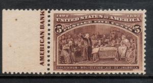 USA #234 Extra Fine Never Hinged Left Margin Imprint Single **With Certificate**
