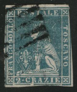 Tuscany Scott 13 blue used 1857 wmk 184  Thinned CV$200