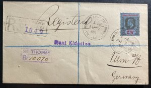 1914 Road Town Leeward Island Registered Cover To Ulm Germany Via Usa SG# 44