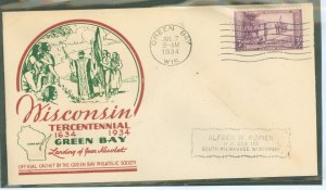 US 739 1934 3c Wisconsin tercentennial (single) on an addressed fdc with a Green Bay Philatelic Society cachet (red & green)