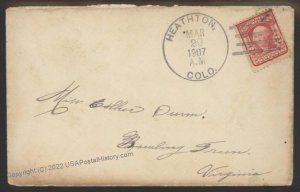 USA 1907 HEATHTON Colorado Fremont County Helbock Rarity 7 Cover 108824