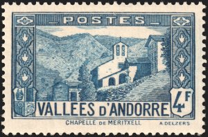 Andorra (French) #60B  MOG - 4fr slate-blu Vallees d'Andorre (1942)