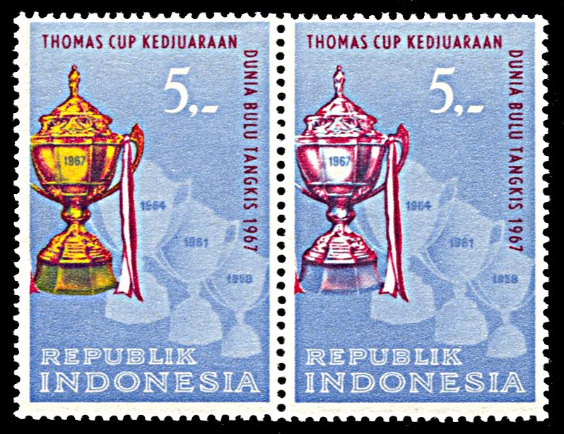 Indonesia 724, MNH, Thomas Cup se-tenant pair with gold omitted variety