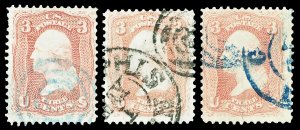 Scott 65 3c Washington Issue 3 Used Various Nice Cancels F-VF Cat $9