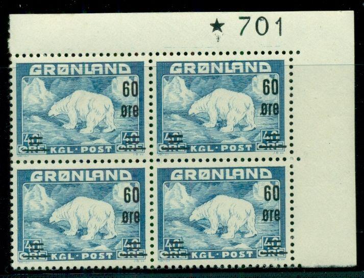 GREENLAND #39 (37) 60ore on 40ore Polar Bear, Plate #701, Blk of 4, og, NH, VF