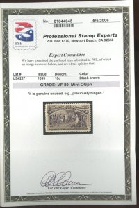 U.S. #237 MINT WITH PSE CERT VF 80