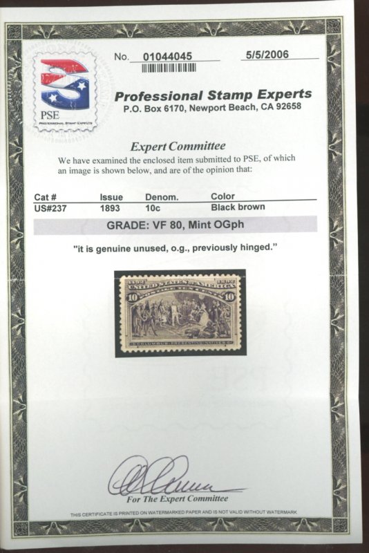 U.S. #237 MINT WITH PSE CERT VF 80