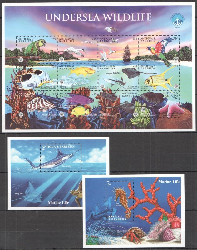 Uu0652 Antigua & Barbuda Fauna Fish & Marine Life Undersea Wildlife 1Sh+2Bl Mnh