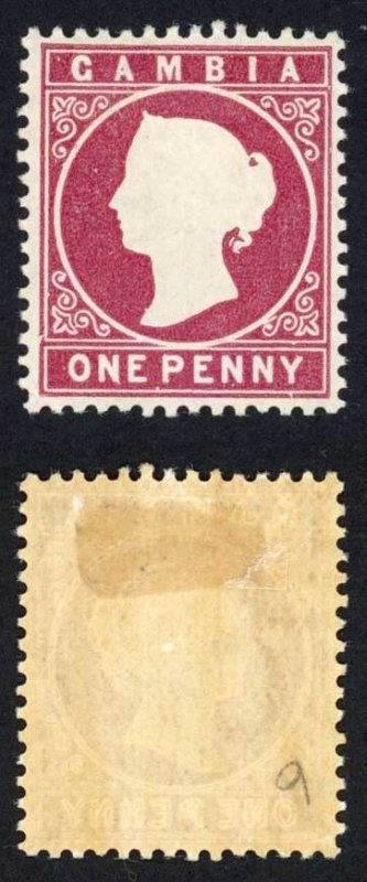 Gambia SG12B 1d Maroon Wmk Crown CC Upright M/M Cat 12