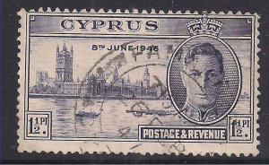 Cyprus 1946 KGV1 1 1/2 pi Victory used Variety DOT SG 164a ( T499 )