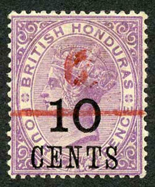 British Honduras SG43var 6c on 10c on 4d in Red 6 smudged M/M