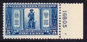 Scott 619, Unused OG H, 5c Lexington-Concord, Plate #16805