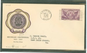 US 775 3c Michigan Centennial (1937) single on an addressed first day cover with a rice cachet.