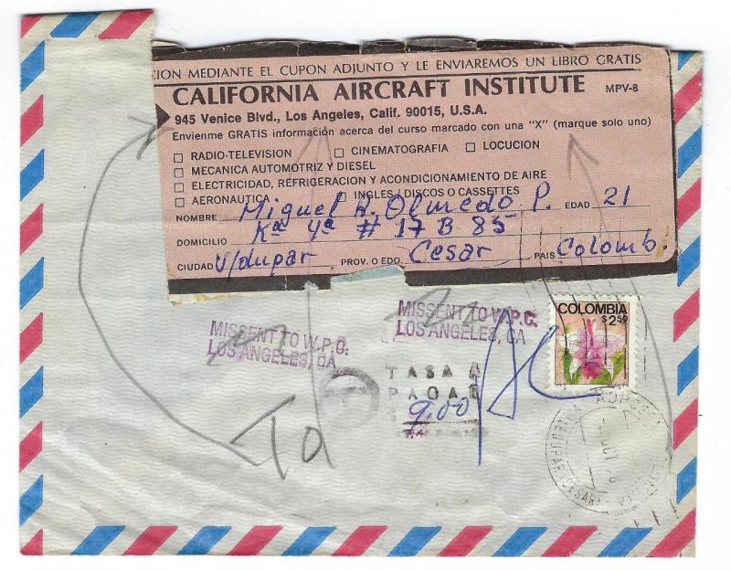 1978 Columbia To USA, California Aircraft Institute Cover - Missent - (RR119)