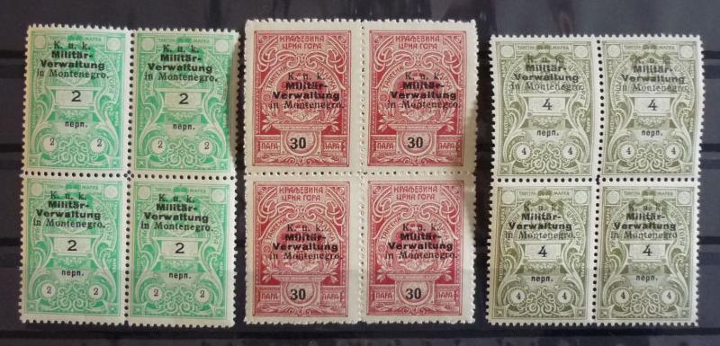 WWI AUSTRIA - MONTENEGRO -REVENUE STAMPS (MNH) - 3 BLOCKS OF 4 R! yugoslavia J24